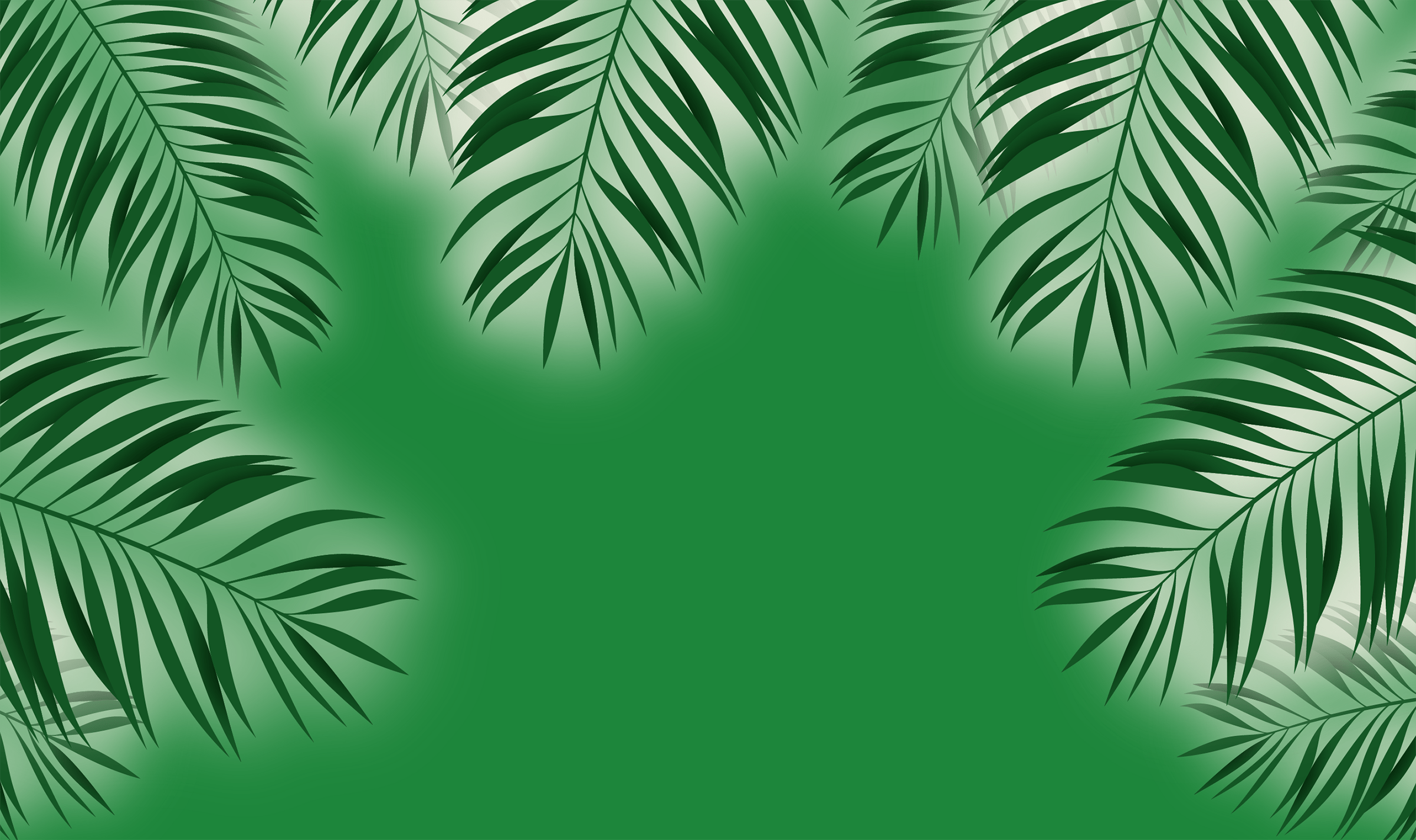 Tropical green palm leaves frame a bright, vibrant green background. The design conveys a sense of lush, natural greenery and tranquility.