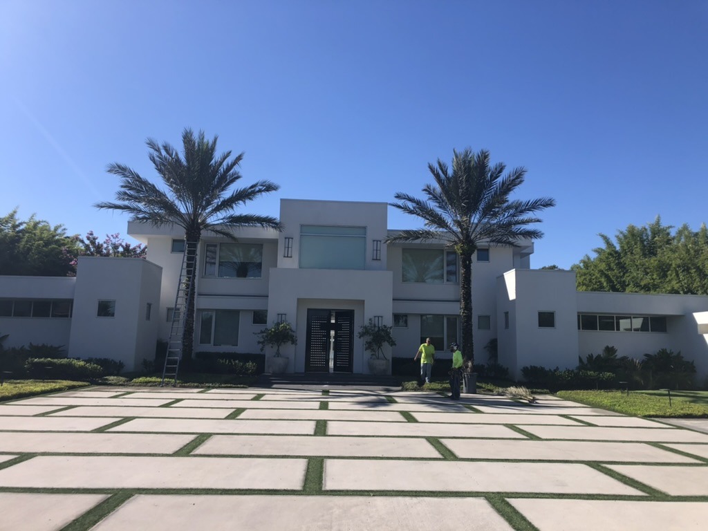 Modern white house with two palm trees, featuring two people near entrance. Blue sky and spacious, patterned driveway enhance the contemporary setting.