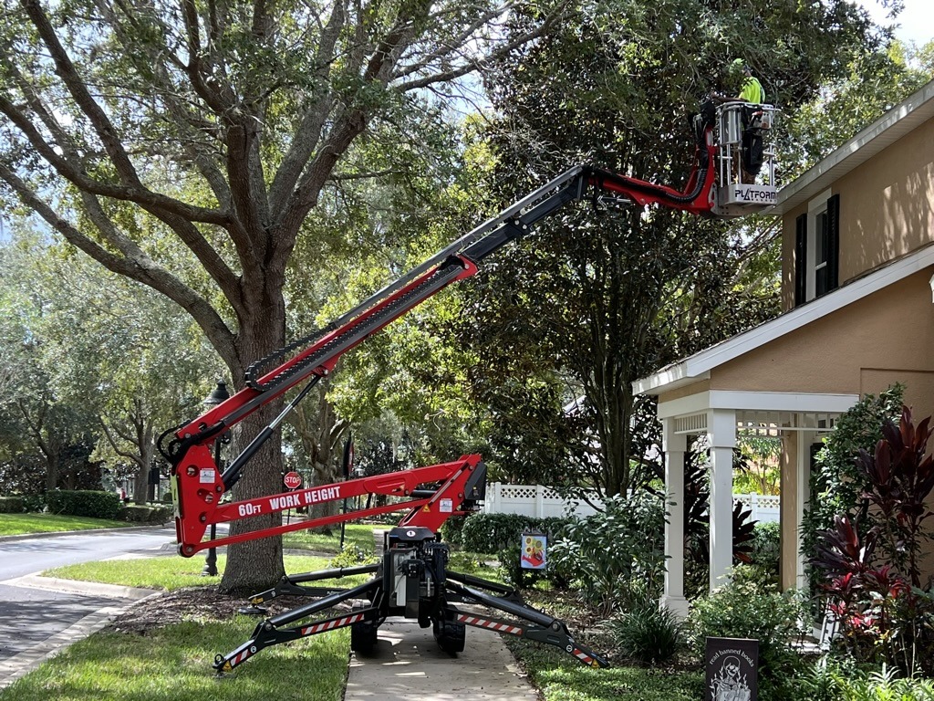 A person uses a red cherry picker for tree trimming beside a tan house. Lush trees and green grass line the neighborhood street.