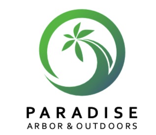 A green and white circular logo features a palm tree design, with the text "PARADISE ARBOR & OUTDOORS" below.