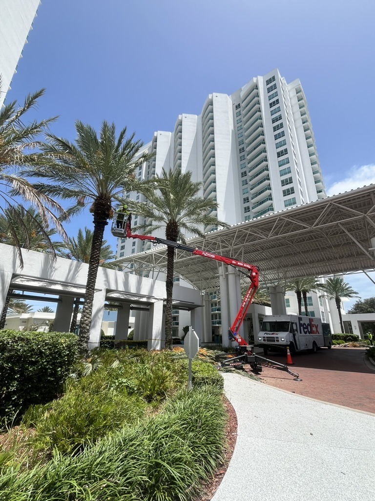 A tall person on a cherry picker near palm trees, tall white building, FedEx truck, and leafy landscaping under a clear blue sky.