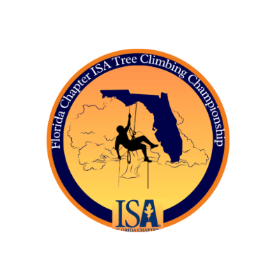 Logo for Florida Chapter ISA Tree Climbing Championship featuring a person climbing with Florida's silhouette and trees in the background. Orange gradient circle design.