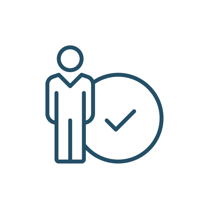Icon of a person and a large checkmark inside a circle. Represents approval or verification in a simple, blue line style.