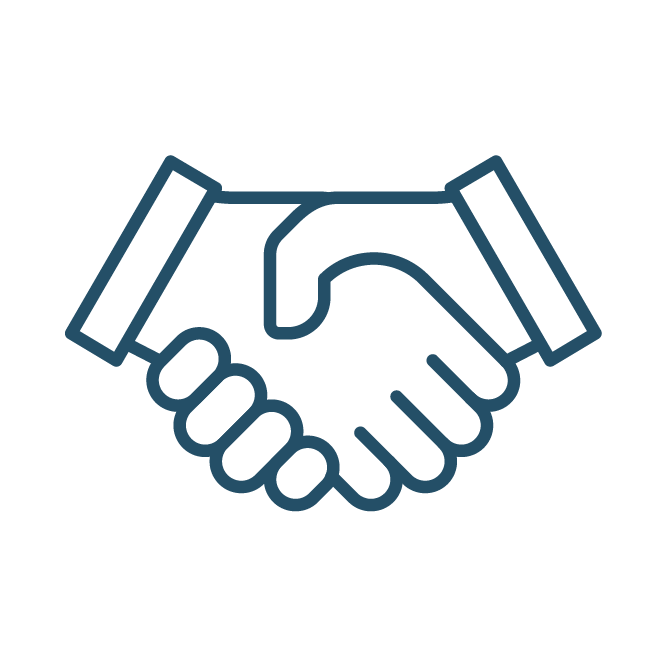 Two outlined hands shaking symbolizes agreement or partnership. Simple, blue icon on a transparent background, illustrating collaboration concept. Minimalist design.