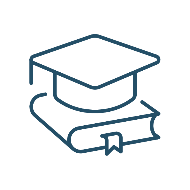 Graduation cap resting on a closed book with a bookmark; simple illustration representing education and academic achievement. Blue line art on white background.