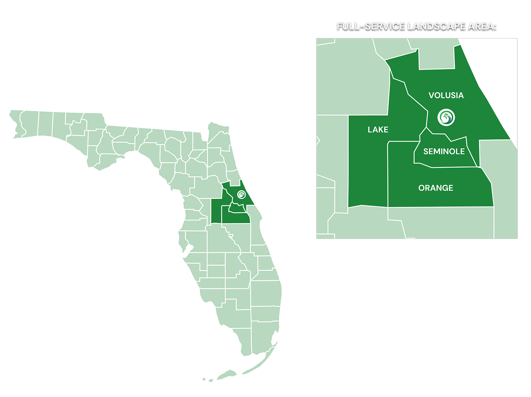 Map of Florida highlights Volusia, Lake, Seminole, and Orange counties in green, indicating a full-service landscape area. Inset details respective regions.