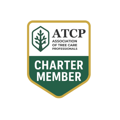 Badge for the Association of Tree Care Professionals (ATCP), featuring a tree emblem and text "Charter Member" in green and gold colors.