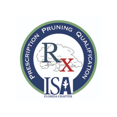 The image shows the Prescription Pruning Qualification logo for the ISA Florida Chapter, with a tree illustration and the initials "Rx."
